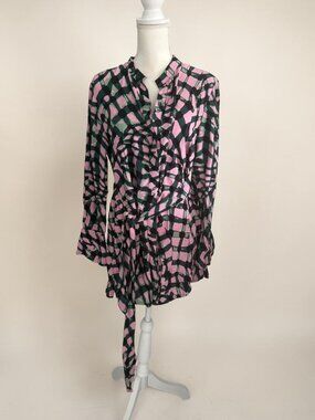 DIANE VON FURSTENBERG Pink Green Belted Silk Dress Size Large